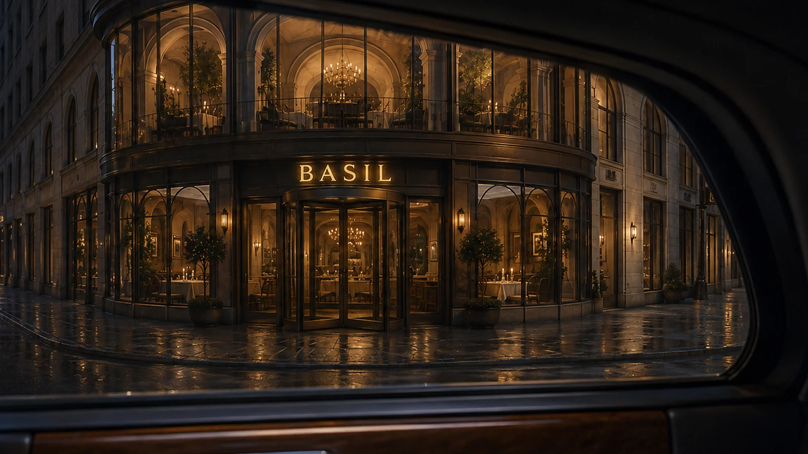 The circular Basil restaurant seen through the Cullinan window.