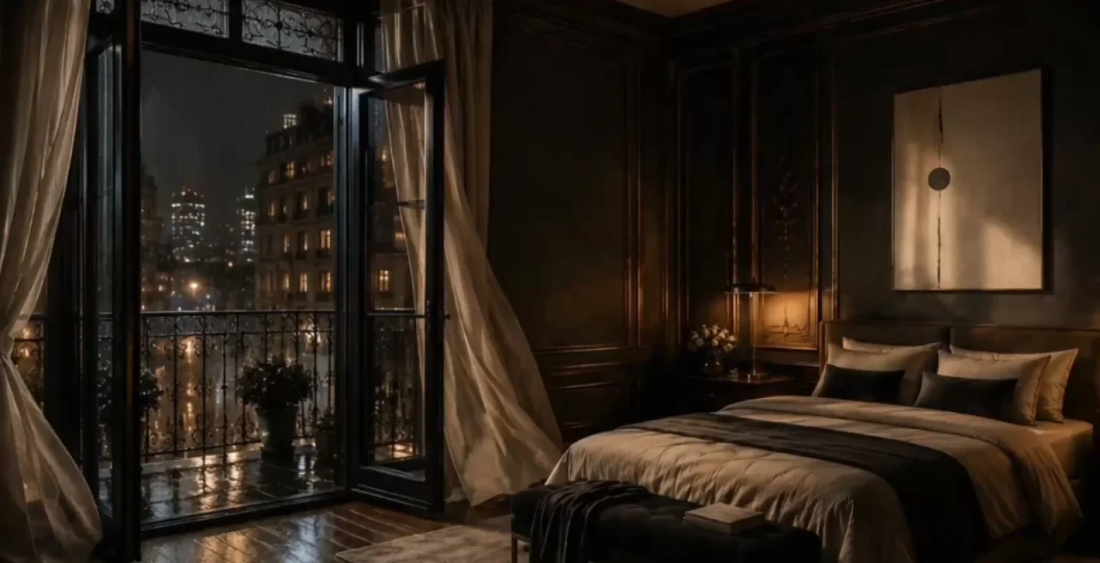 Bedroom with balcony door open. Curtains flap in the wind as it rains outside.