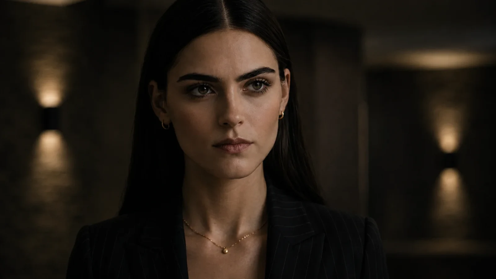 Emilia Monte faces the camera against a dark studio background.