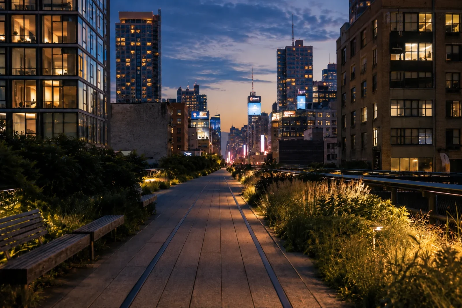 A nighttime aerial map traces the illuminated avenues of Manhattan.