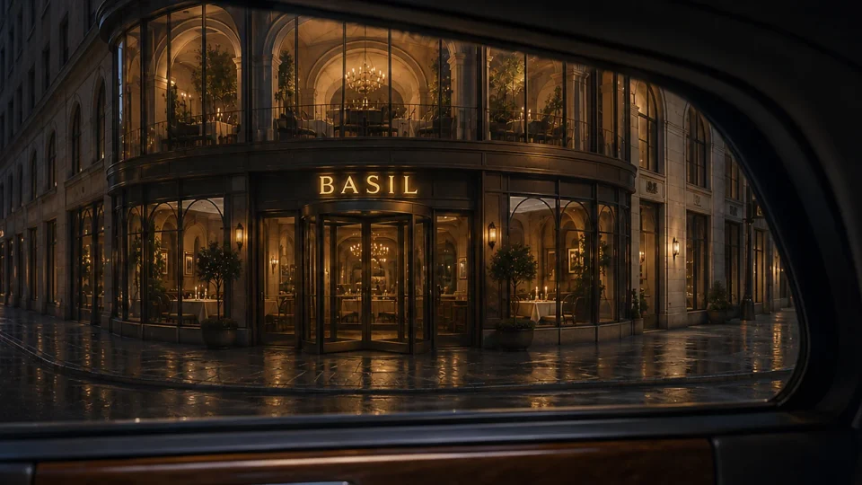 The circular Basil restaurant seen through the Cullinan window.