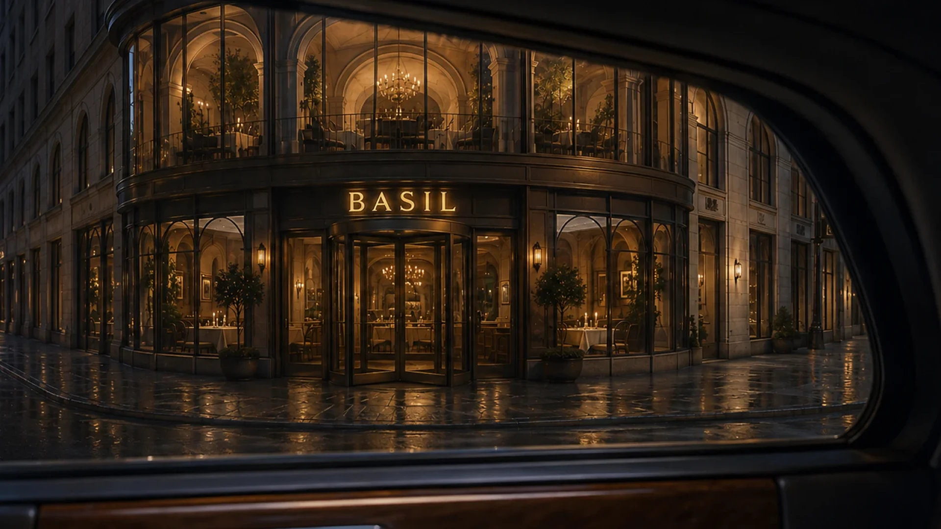 The circular Basil restaurant seen through the Cullinan window.