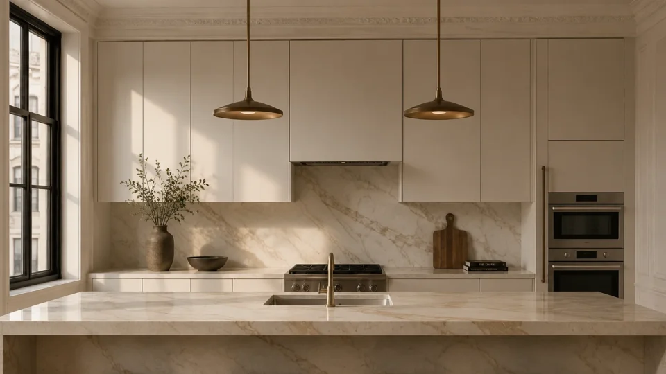 The kitchen island at Mason Monte's brownstone.