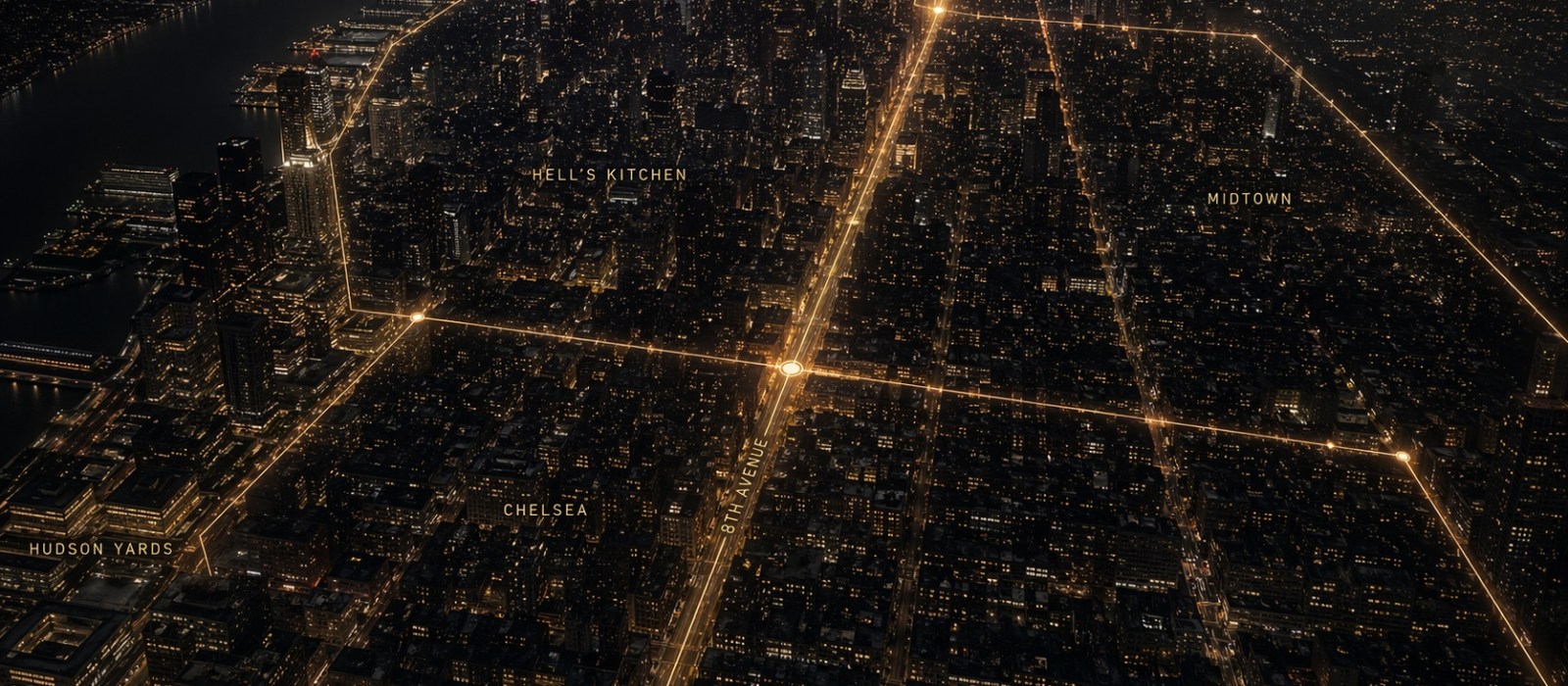 An illuminated route tracing through Manhattan at night