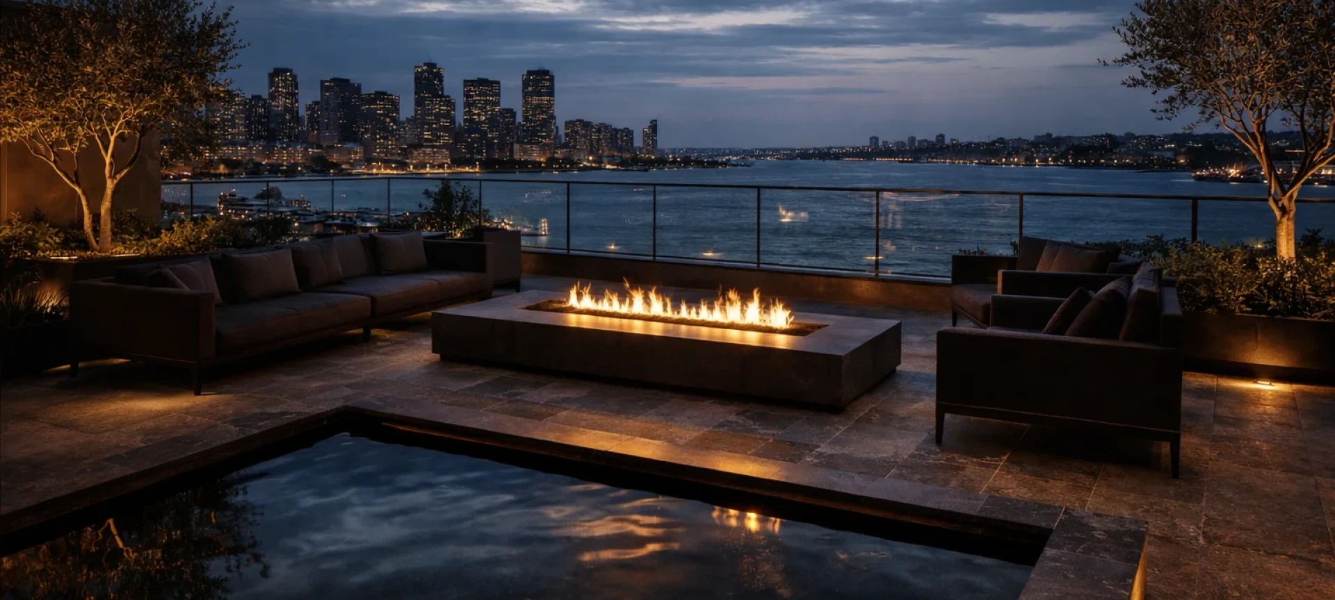 Rooftop deck overlooking NYC harbor